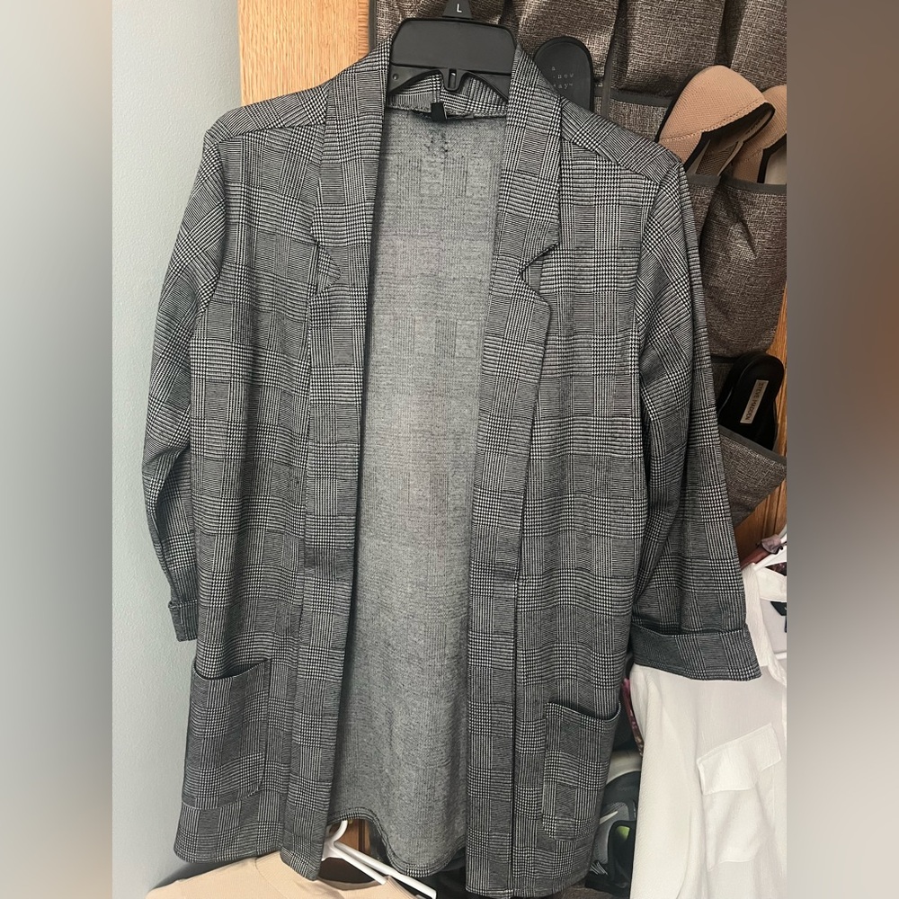 Plaid Open Front Long Blazer